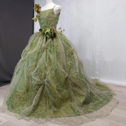 Stunning Spaghetti Strap A-Line Evening Gowns Sequins Handmade Flowers Ruched Tulle Prom Dress AP2423