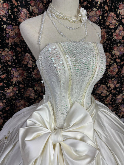 Elegant Strapless A-Line Bridal Dresses Sequins Beaded Appliques Bow Wedding Dress AP2426