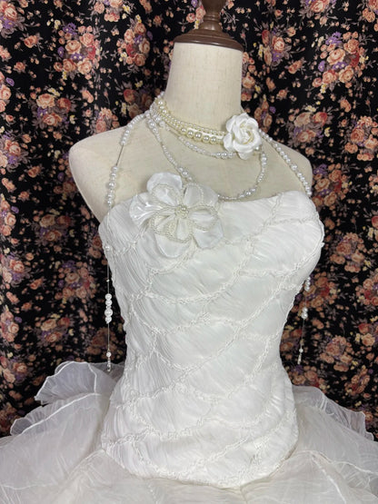 Unique Strapless A-Line Bridal Dresses Beading Handmade Flower Ruffled Tulle Wedding Dress AP2434