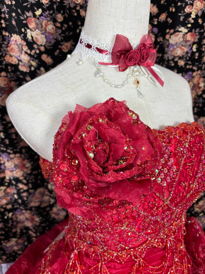 Charming Red A-Line Strapless Formal Dresses Handmade Flowers Beading Sequins Long Prom Dress AP2440