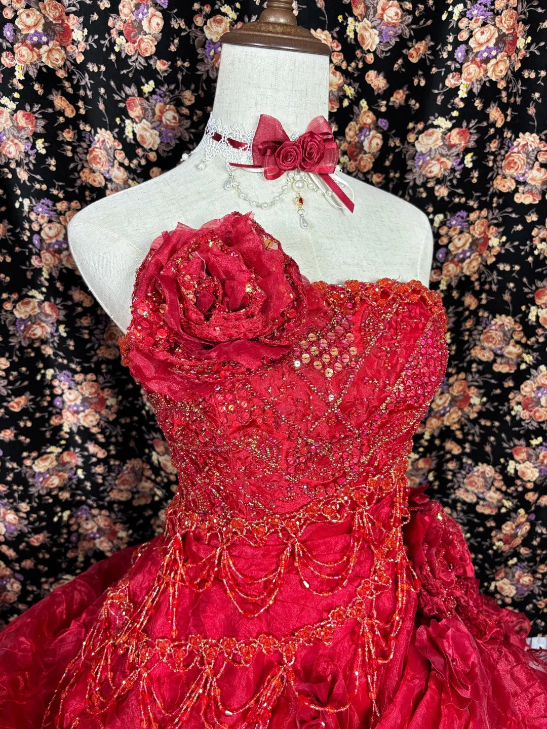 Charming Red A-Line Strapless Formal Dresses Handmade Flowers Beading Sequins Long Prom Dress AP2440