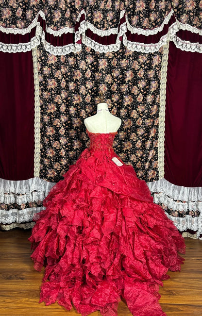 Charming Red A-Line Strapless Formal Dresses Handmade Flowers Beading Sequins Long Prom Dress AP2440
