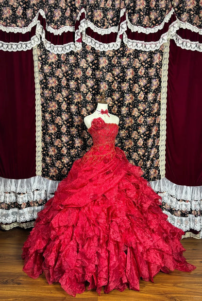Charming Red A-Line Strapless Formal Dresses Handmade Flowers Beading Sequins Long Prom Dress AP2440
