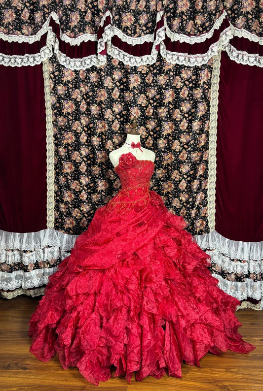 Charming Red A-Line Strapless Formal Dresses Handmade Flowers Beading Sequins Long Prom Dress AP2440