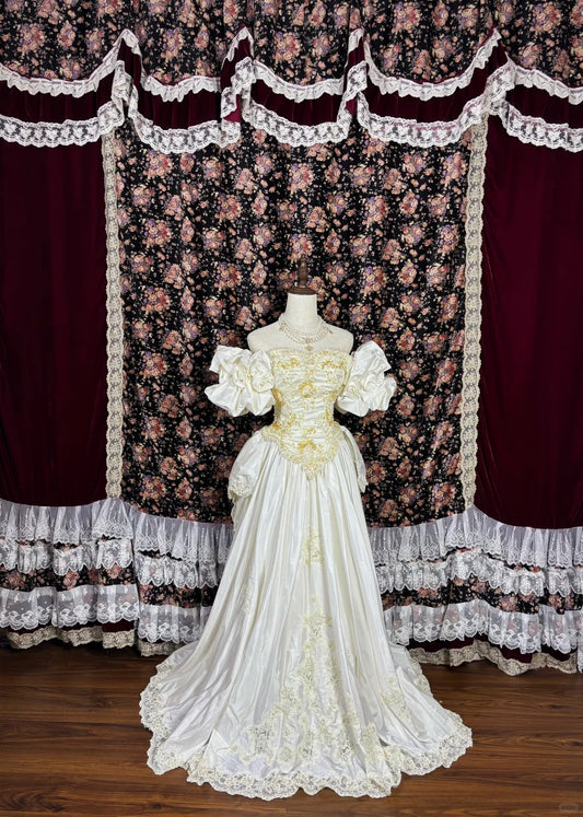 Gorgeous Off-Shoulder A-Line Formal Dresses Sequins Pearls Handmade Flowers Puffy Sleeve Long Prom Dress AP2446