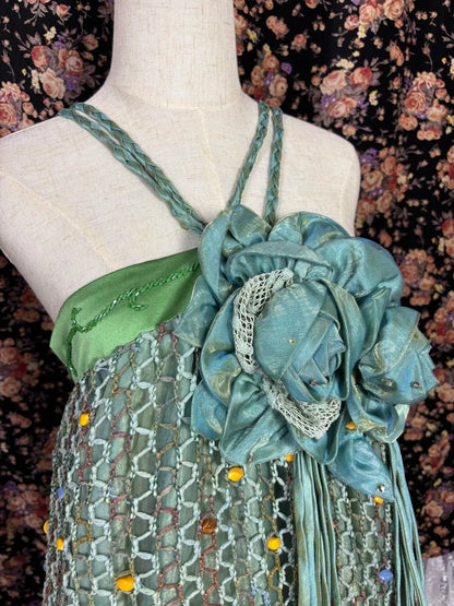 Vintage Halter Neck A-Line Evening Gowns Sequins Stone Beaded Handmade Flowers Prom Dress AP2450