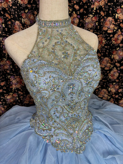 Glamorous A-Line Halter Neck Evening Gowns Beaded Rhinestone Ruffled Tulle Prom Dress AP2451