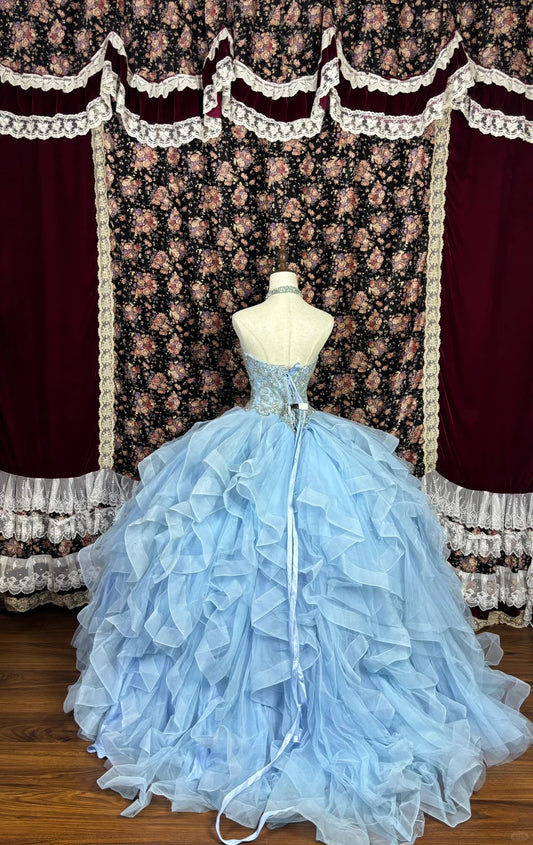 Glamorous A-Line Halter Neck Evening Gowns Beaded Rhinestone Ruffled Tulle Prom Dress AP2451