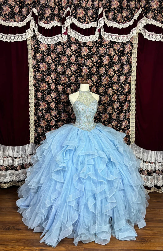 Glamorous A-Line Halter Neck Evening Gowns Beaded Rhinestone Ruffled Tulle Prom Dress AP2451