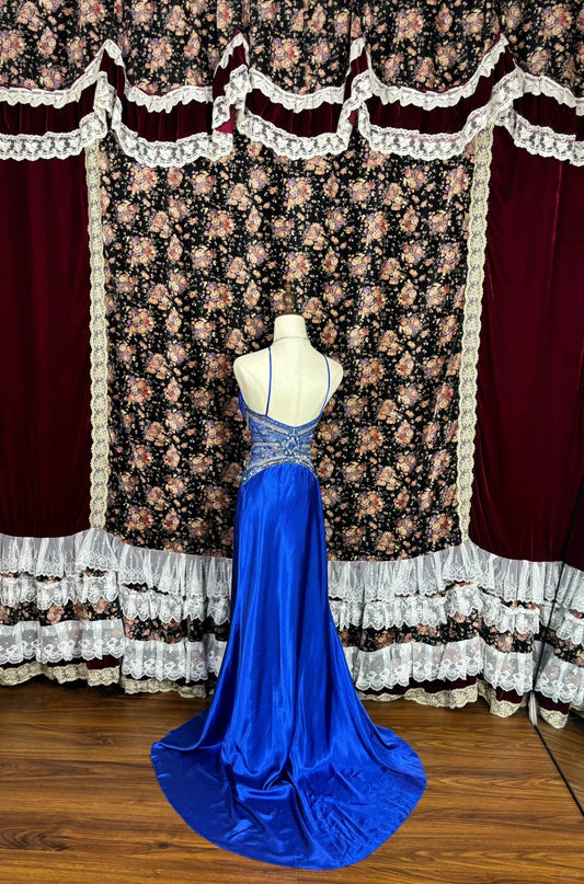 Fantastic Spaghetti Strap Sheath Evening Gowns Sequins Rhinestone Beading Blue Prom Dress AP2468