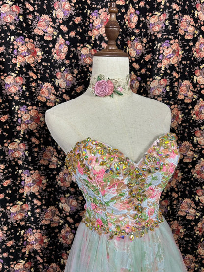 Ethereal A-Line Strapless Birthday Short Dresses Floral Texture Rhinestone Tulle Train Homecoming Dress AP2469