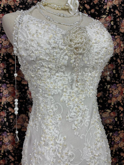 Sweet Spaghetti Strap Mermaid Bridal Gowns Sequins Beading Pearls Appliques Wedding Dress AP2476