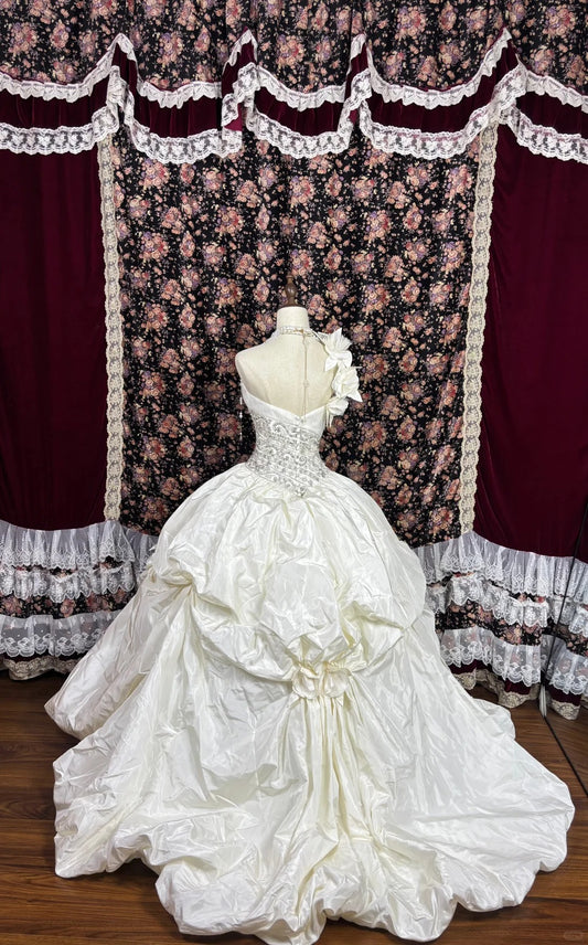 Novelty A-Line One Shoulder Formal Dresses Handmade Flowers Sequins Beaded Crystals Prom Dress AP2478