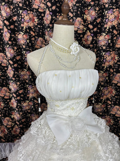 Glamorous Strapless A-Line Bridal Dresses Handmade Flowers Bow Beaded Sequins Tiered Lace Wedding Dress AP2480