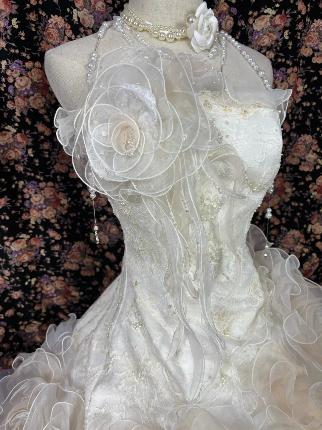 Ethereal Strapless A-Line Bridal Dresses Sequins Beaded Handmade Flowers Ruffled Wedding Dress AP2481