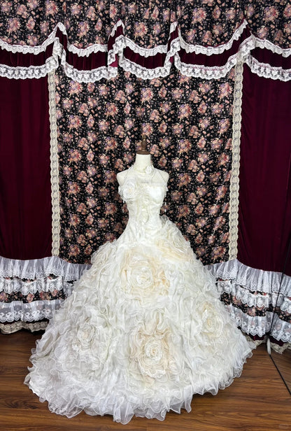 Ethereal Strapless A-Line Bridal Dresses Sequins Beaded Handmade Flowers Ruffled Wedding Dress AP2481