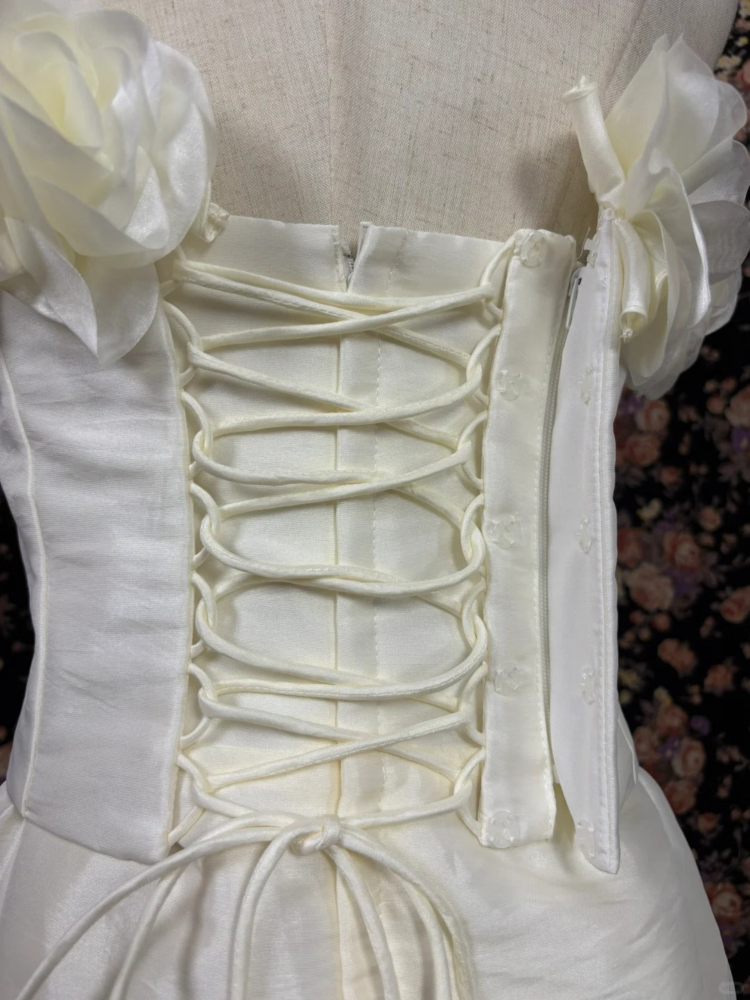 Unique A-Line Strapless Formal Dresses Handmade Flowers Beaded Ruffled Prom Dress AP2482