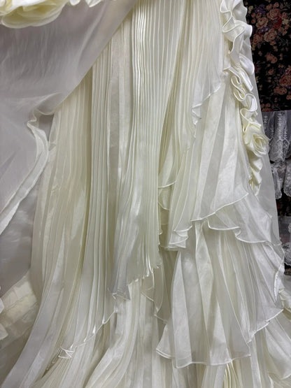 Unique A-Line Strapless Formal Dresses Handmade Flowers Beaded Ruffled Prom Dress AP2482