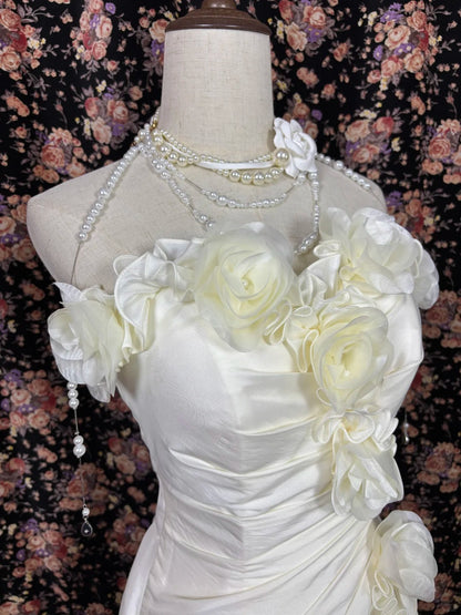 Unique A-Line Strapless Formal Dresses Handmade Flowers Beaded Ruffled Prom Dress AP2482