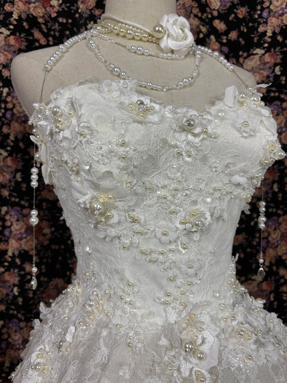 Graceful Strapless Mermaid Bridal Gowns Pearls Beading Appliques Lace Tulle Wedding Dress AP2484