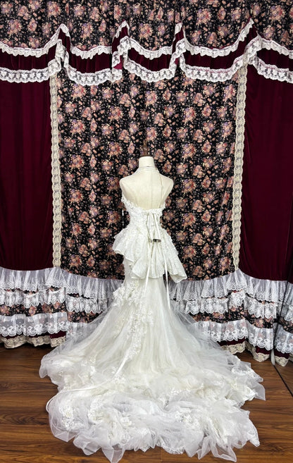 Graceful Strapless Mermaid Bridal Gowns Pearls Beading Appliques Lace Tulle Wedding Dress AP2484