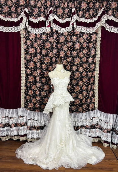 Graceful Strapless Mermaid Bridal Gowns Pearls Beading Appliques Lace Tulle Wedding Dress AP2484