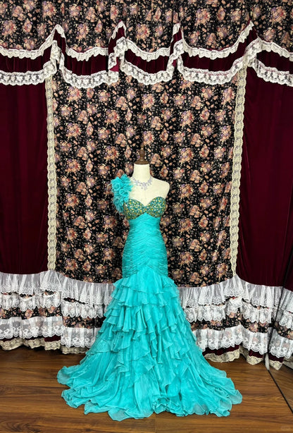 Artistic Mermaid One-Shoulder Pleated Evening Gowns Crystals Sequins Beading Prom Dress AP2487