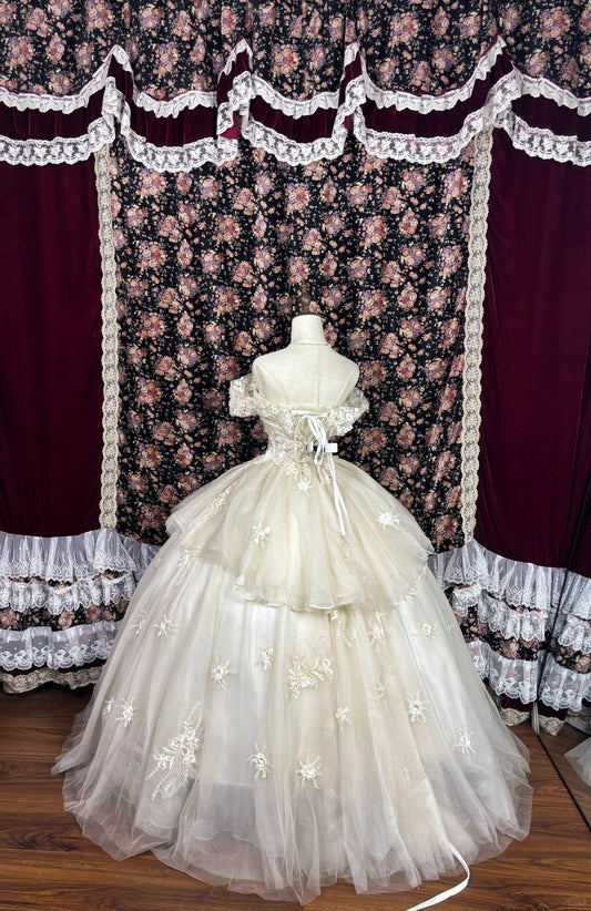 Dramatic Off-Shoulder A-Line Formal Dresses Tiered Tulle Appliques Sequins Beaded Prom Dress AP2488