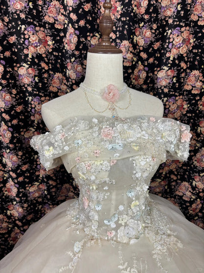 Dramatic Off-Shoulder A-Line Formal Dresses Tiered Tulle Appliques Sequins Beaded Prom Dress AP2488