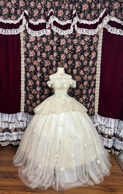 Dramatic Off-Shoulder A-Line Formal Dresses Tiered Tulle Appliques Sequins Beaded Prom Dress AP2488