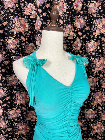 Glam Sheath Halter Neck Evening Gowns Lace Hi-Lo Hem Backless Ruched Prom Dress AP2489