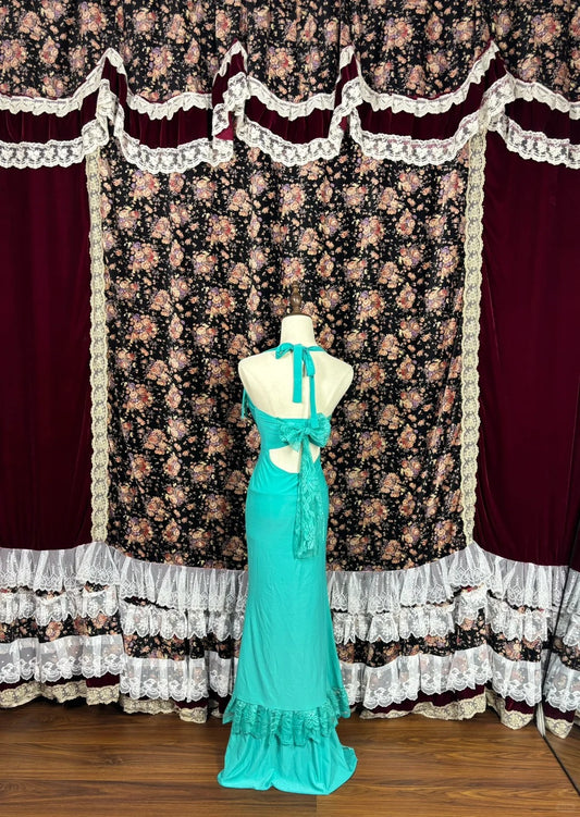 Glam Sheath Halter Neck Evening Gowns Lace Hi-Lo Hem Backless Ruched Prom Dress AP2489