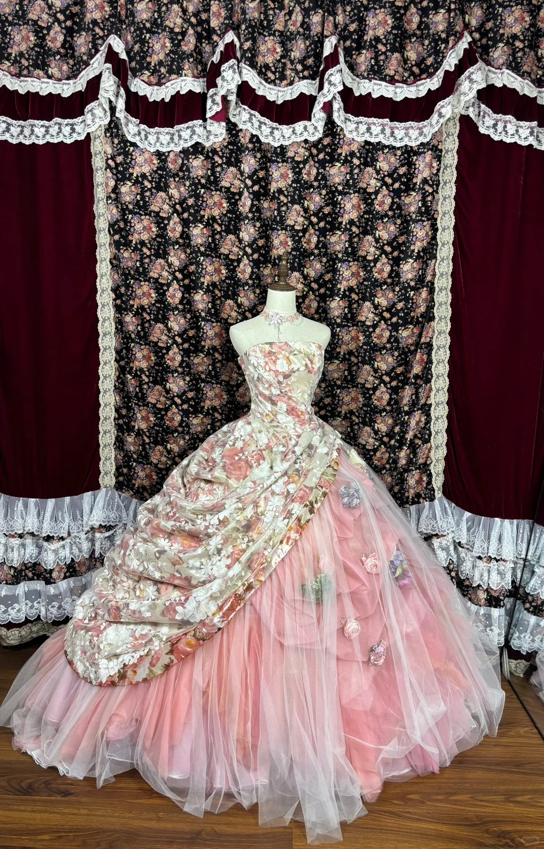 Floral Printed Strapless A-Line Formal Dresses Handmade Flowers Prom Dress AP2492