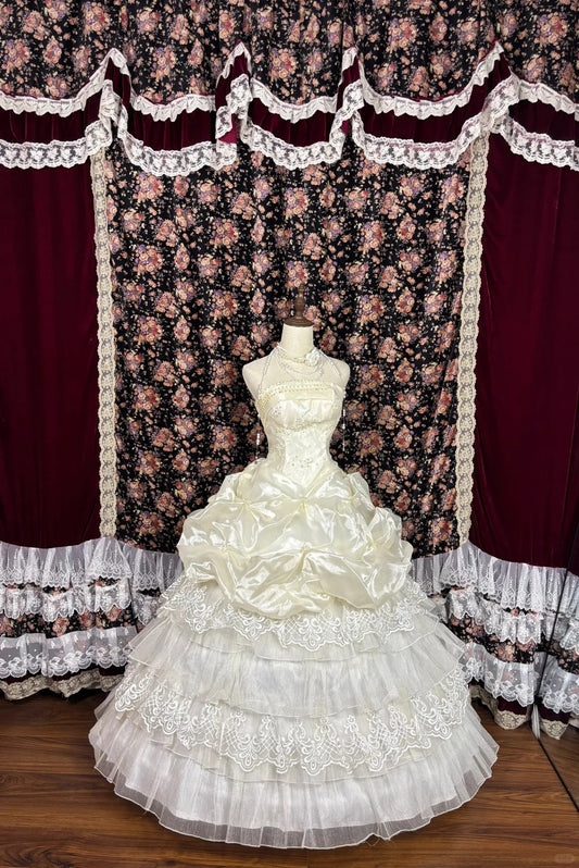 Ethereal A-Line Strapless Ruched Satin Evening Dresses Appliques Sequins Beaded Tiered Tulle Prom Dress AP2494