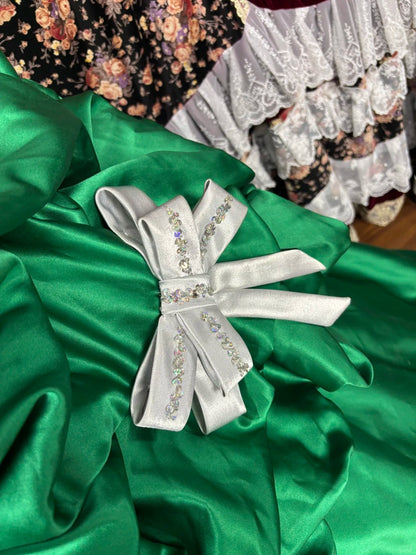 Green Satin A-Line Strapless Evening Dresses Bow Sequins Beaded Crystals Prom Dress AP2496