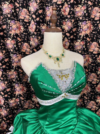 Green Satin A-Line Strapless Evening Dresses Bow Sequins Beaded Crystals Prom Dress AP2496