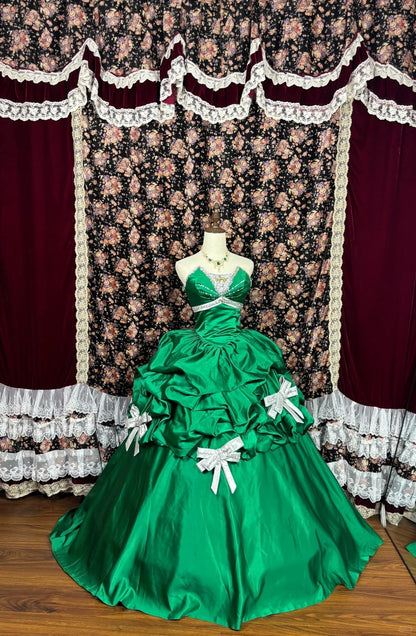 Green Satin A-Line Strapless Evening Dresses Bow Sequins Beaded Crystals Prom Dress AP2496