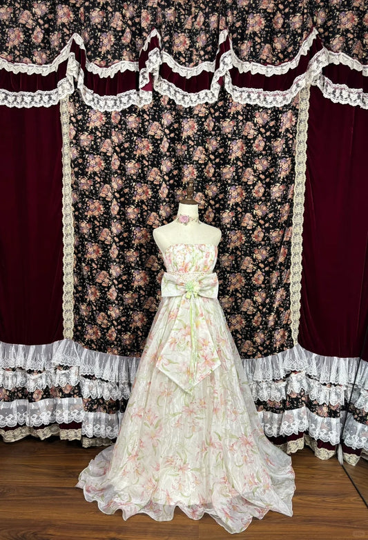 Floral Strapless A-Line Evening Dresses Handmade Flower Bow Sequins Beaded Prom Dress AP2500