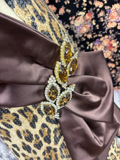 Leopard Sheath Strapless Slit Formal Dresses Bow Sequins Beaded Rhinestone Backless Prom Dress AP2501