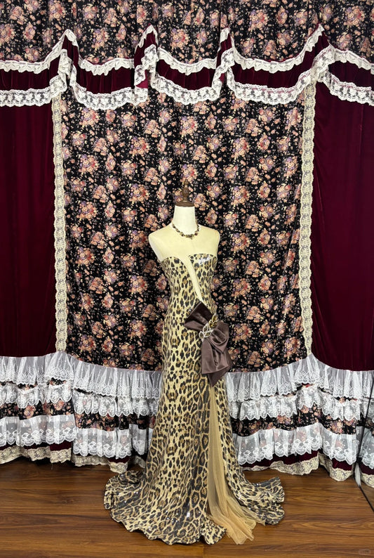 Leopard Sheath Strapless Slit Formal Dresses Bow Sequins Beaded Rhinestone Backless Prom Dress AP2501