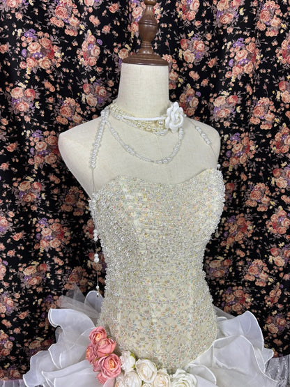 Vintage Strapless Mermaid Formal Dresses Tiered Ruffles Beading Handmade Flowers Prom Dress AP2515