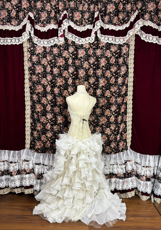 Vintage Strapless Mermaid Formal Dresses Tiered Ruffles Beading Handmade Flowers Prom Dress AP2515