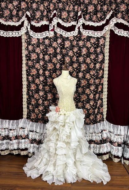 Vintage Strapless Mermaid Formal Dresses Tiered Ruffles Beading Handmade Flowers Prom Dress AP2515