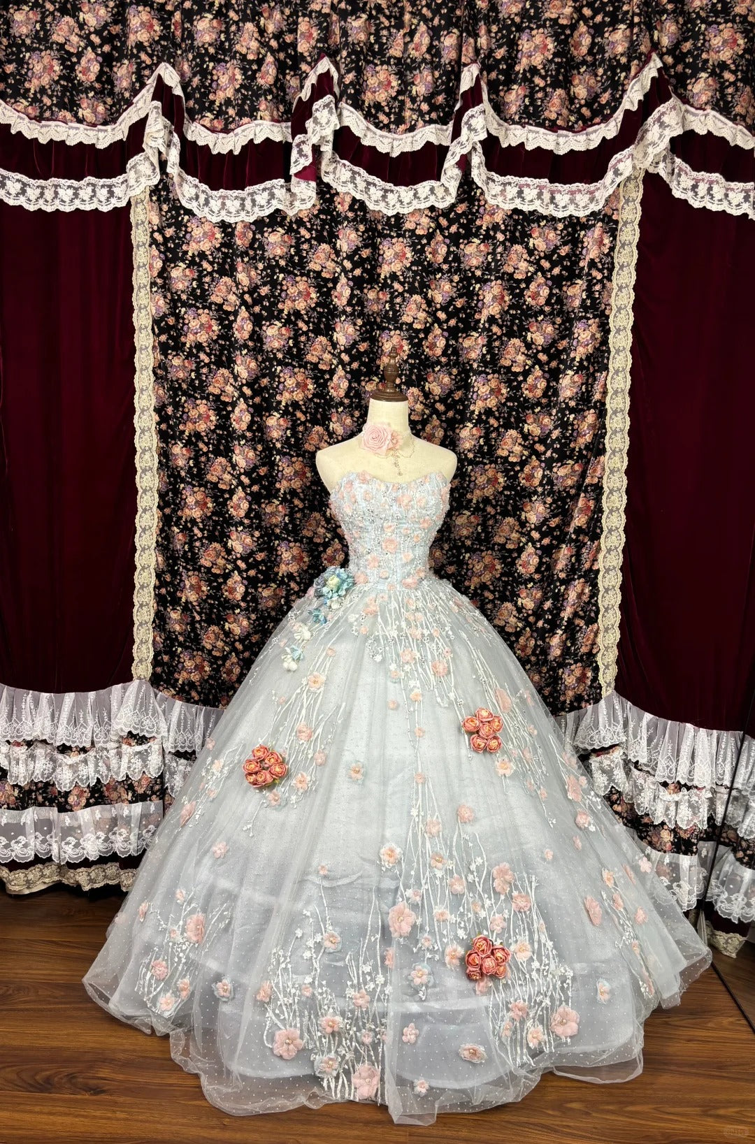 Ornate Strapless A-Line Long Evening Dresses Sequins Beading Handmade Flowers Prom Dress AP2516