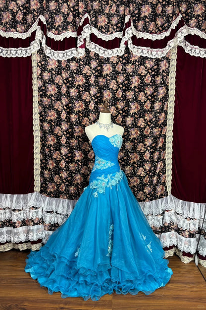 Fashionable Strapless A-Line Evening Dresses Appliques Rhinestone Ruffled Tulle Prom Dress AP2518