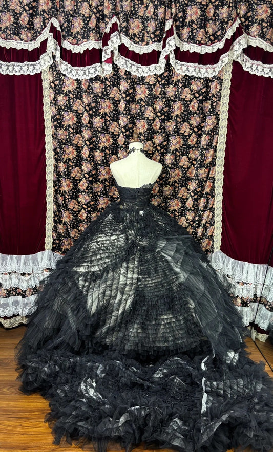 Novelty Strapless A-Line Evening Dresses Black Lace Tulle Appliques Sequins Pleated Prom Dress AP2522