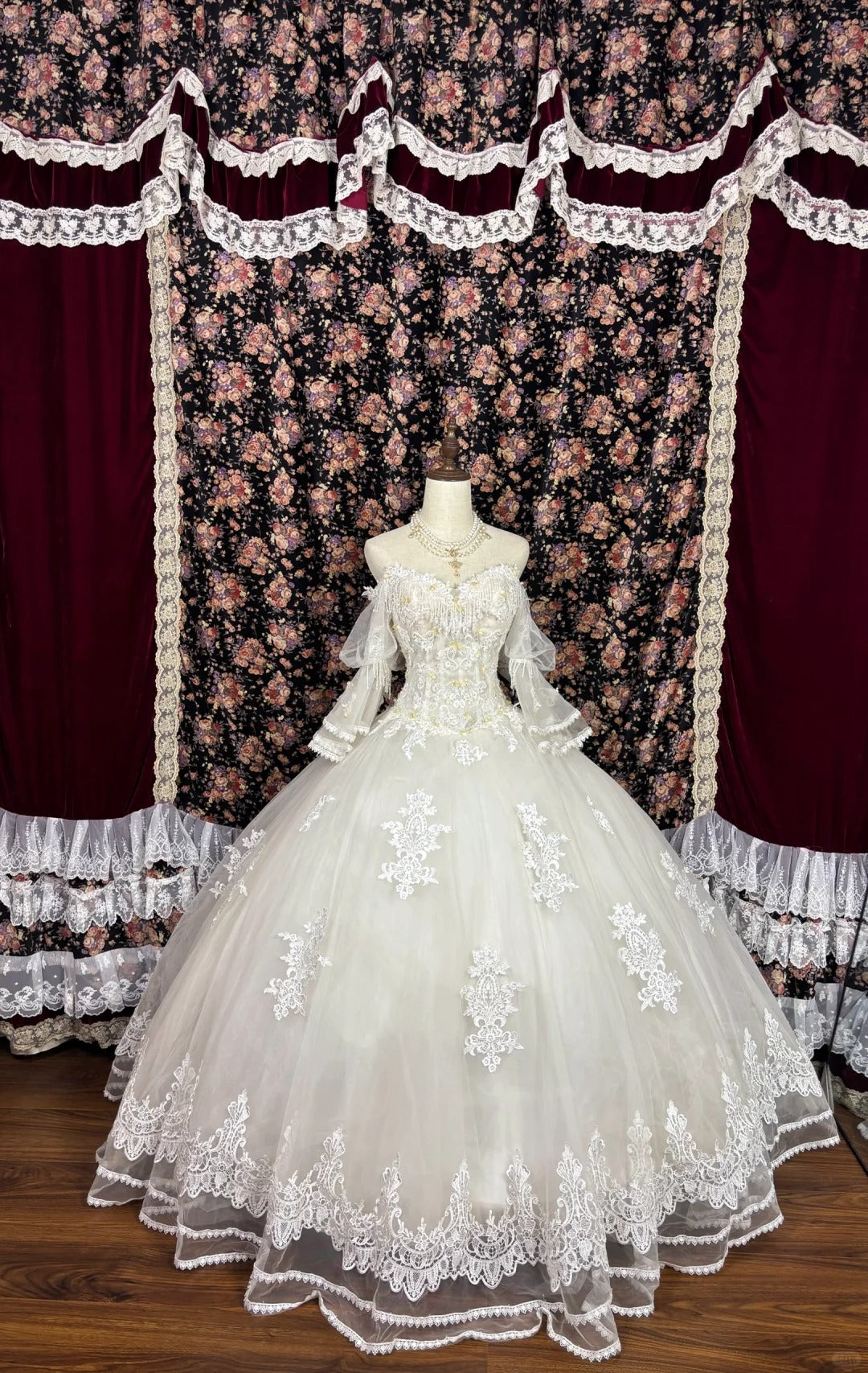 Luxurious Off-Shoulder A-Line Bridal Gowns Tulle Sleeve Beading Tassel Pearls Sequins Wedding Dress AP2524