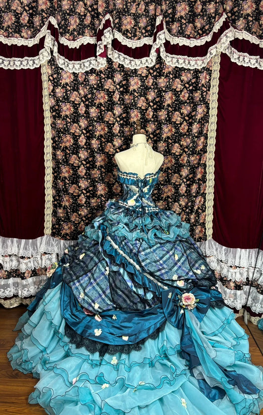 Vibrant Strapless A-Line Plaid Evening Dresses Handmade Flowers Bow Lace Prom Dress AP2531