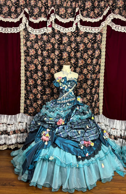 Vibrant Strapless A-Line Plaid Evening Dresses Handmade Flowers Bow Lace Prom Dress AP2531