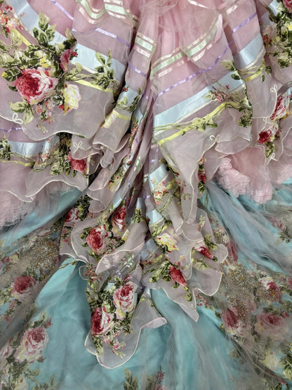 Dramatic Strapless A-Line Tiered Evening Dresses Handmade Flowers Beaded Crystals Applique Prom Dress AP2535